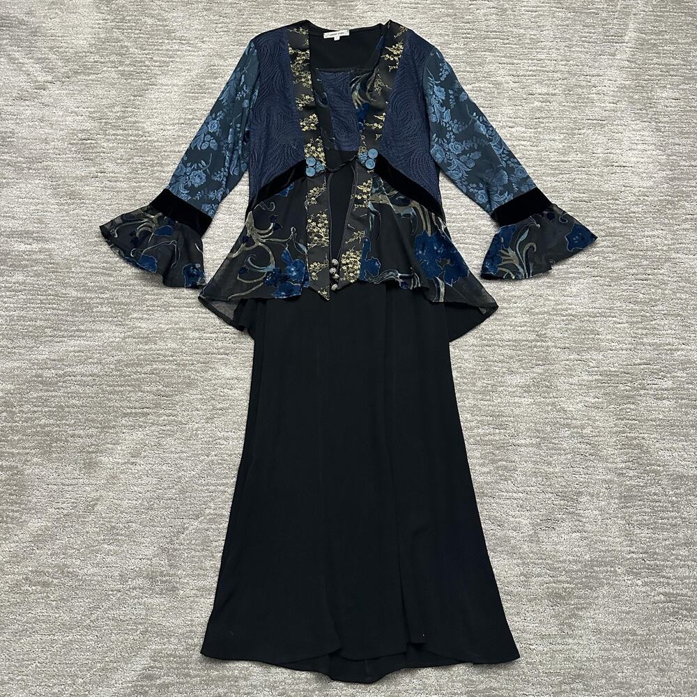 Spencer Alexis Dress Jacket Set Womens 6 Black Blue Velvet Floral Boho Formal - Picture 2 of 16